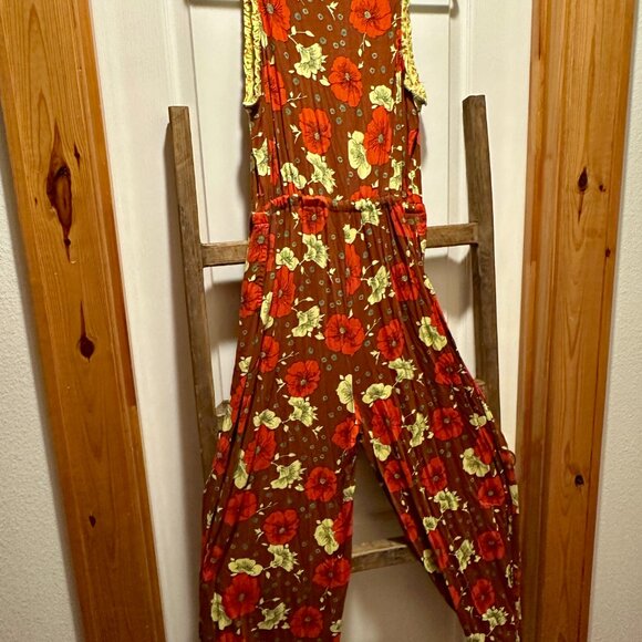 Red, Orange and Yellow Floral Sleeveless V Neck Jumpsuit - Picture 2 of 3